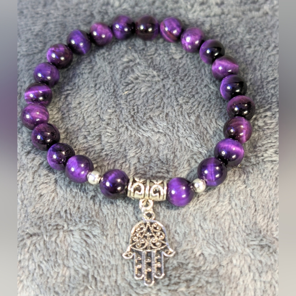 Purple Tigers Eye Hamsa Bracelet